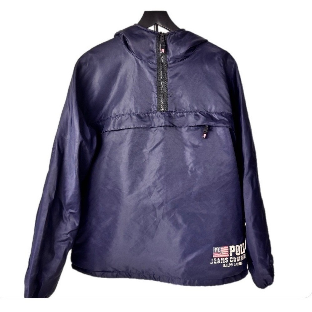VTG‎ Polo Jeans Co Ralph Lauren Hooded Windbreaker Men L Navy Blue Quarter Zip